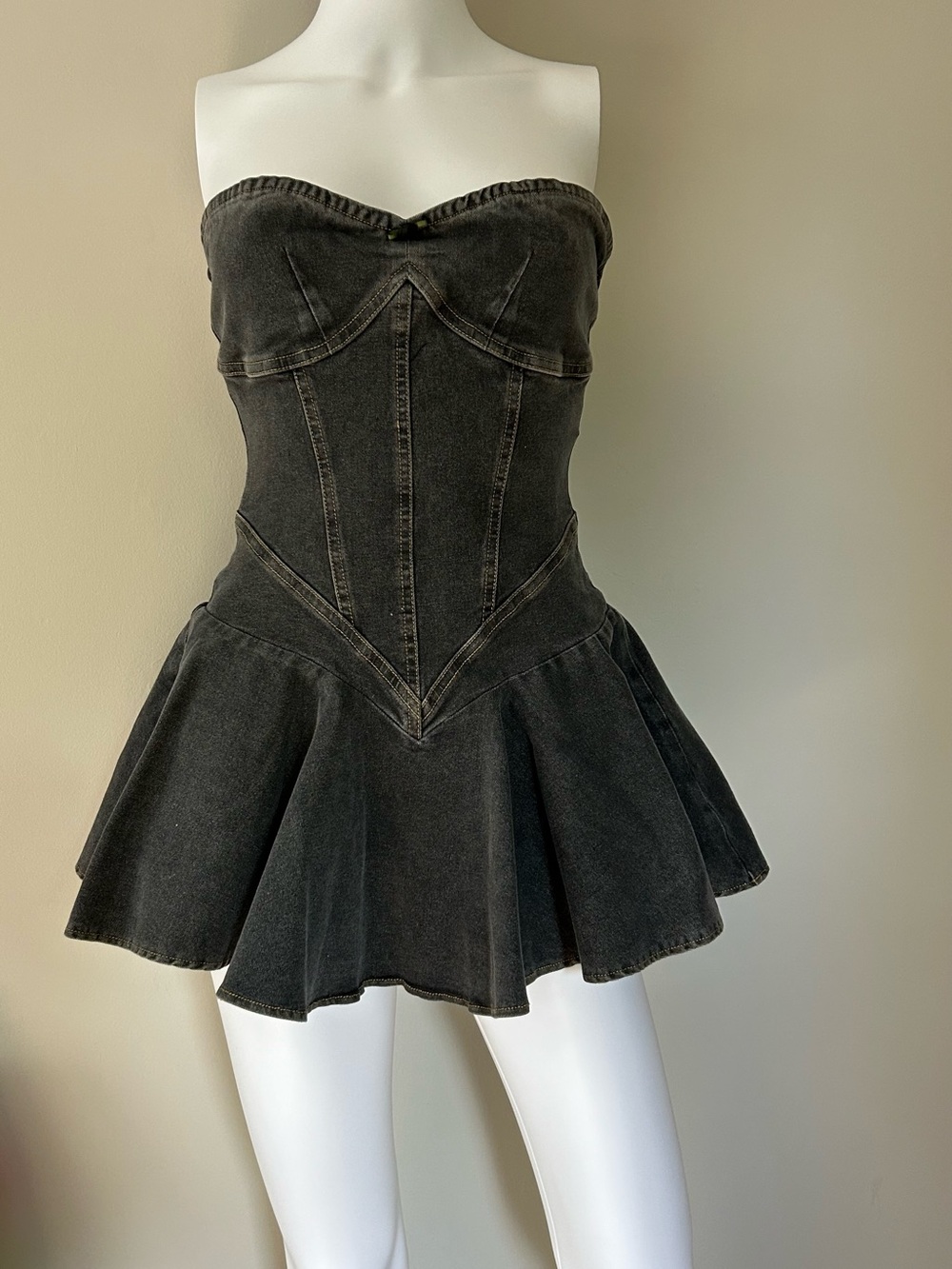 New Pink Black Denim Corset Mini Dress Skort Strapless Bustier Fit Flare Size S